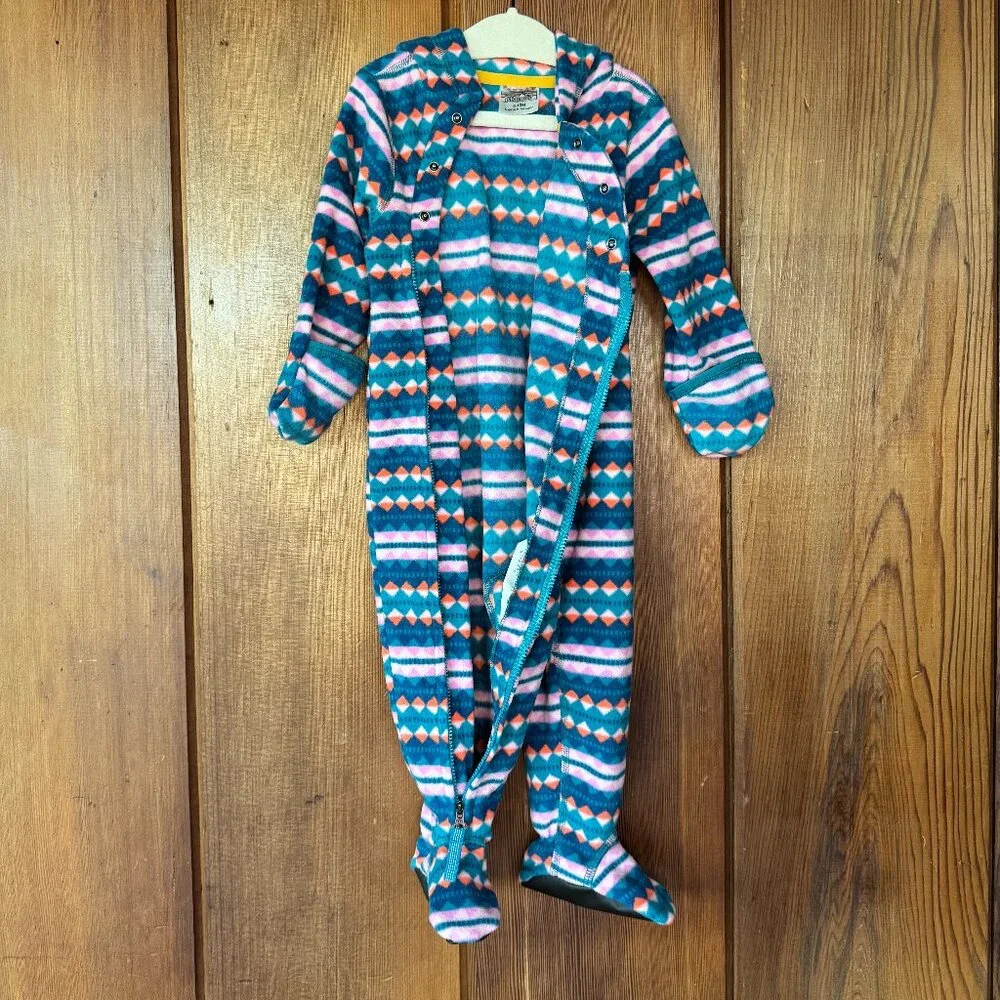 Patagonia Kids Footed One-Piece Fleece Romper in Teal, Pink & Orange Geo Print